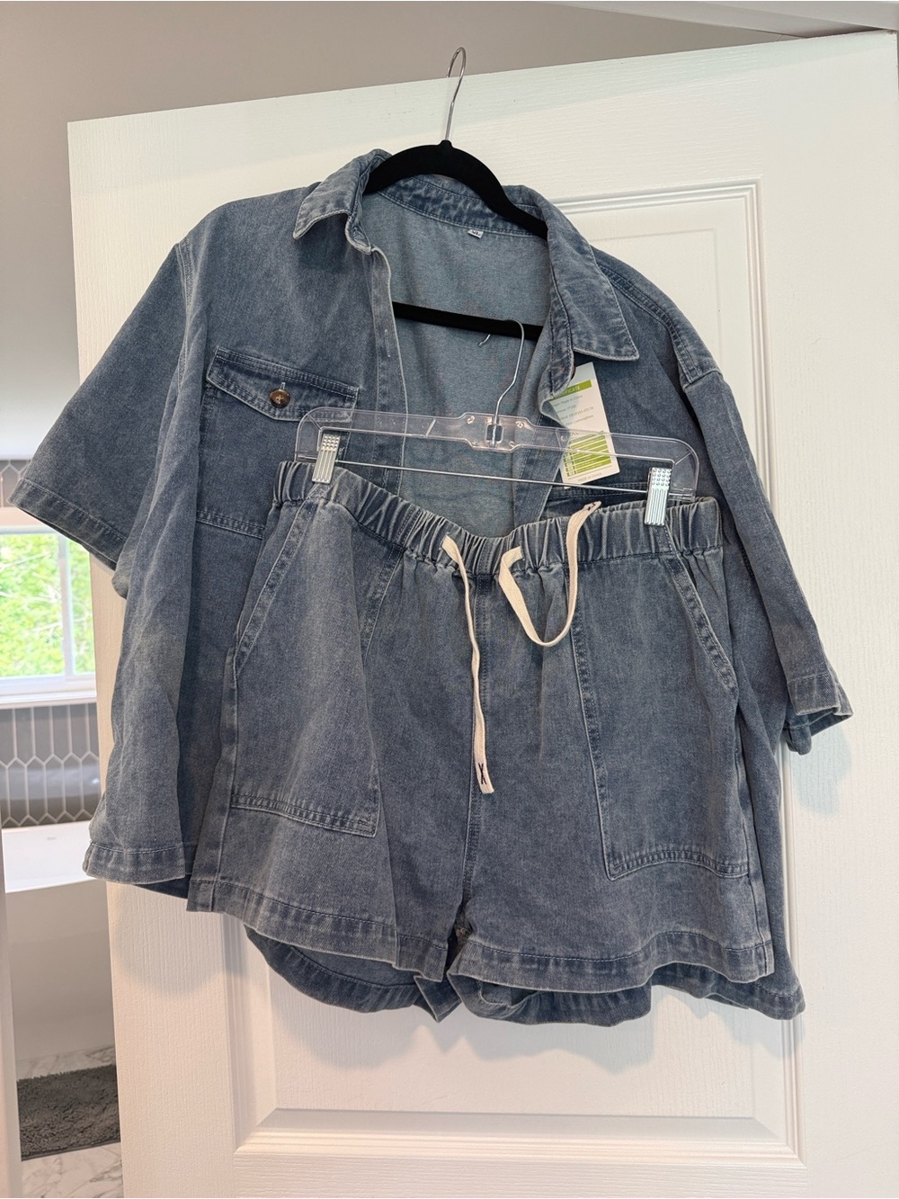 Denim Drawstring Women’s Shorts and button down top set